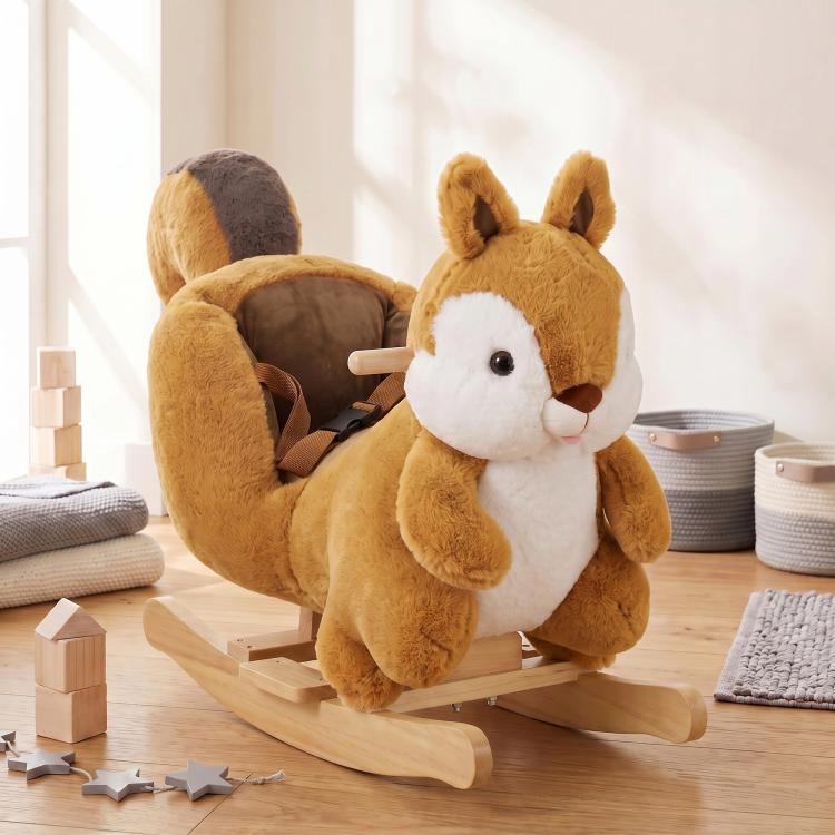 [UK Warehouse] Rocking Horse, Stable Plush Ride on Horse Squirrel Design with Animal Sounds, Security Belt for Toddlers 1-3 Y, Brown