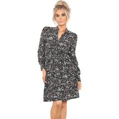 Women's Black Floral Print A-Line Loose Pleated Ruffle Cocktail Swing Mini Dress, Puffed Long Cuff Sleeves Smocked Short Dress Casual Party Wear - Elaina Fashion