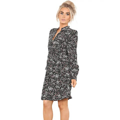Women's Black Floral Print A-Line Loose Pleated Ruffle Cocktail Swing Mini Dress, Puffed Long Cuff Sleeves Smocked Short Dress Casual Party Wear - Elaina Fashion