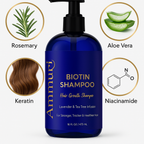 Ammuri Biotin Shampoo bottle with Rosemary, Aloe Vera, Keratin and Niacinamide ingredients for fuller-looking hair care