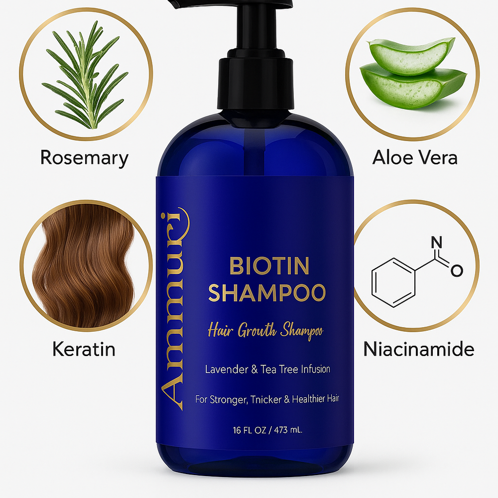 Ammuri Biotin Shampoo bottle with Rosemary, Aloe Vera, Keratin and Niacinamide ingredients for fuller-looking hair care