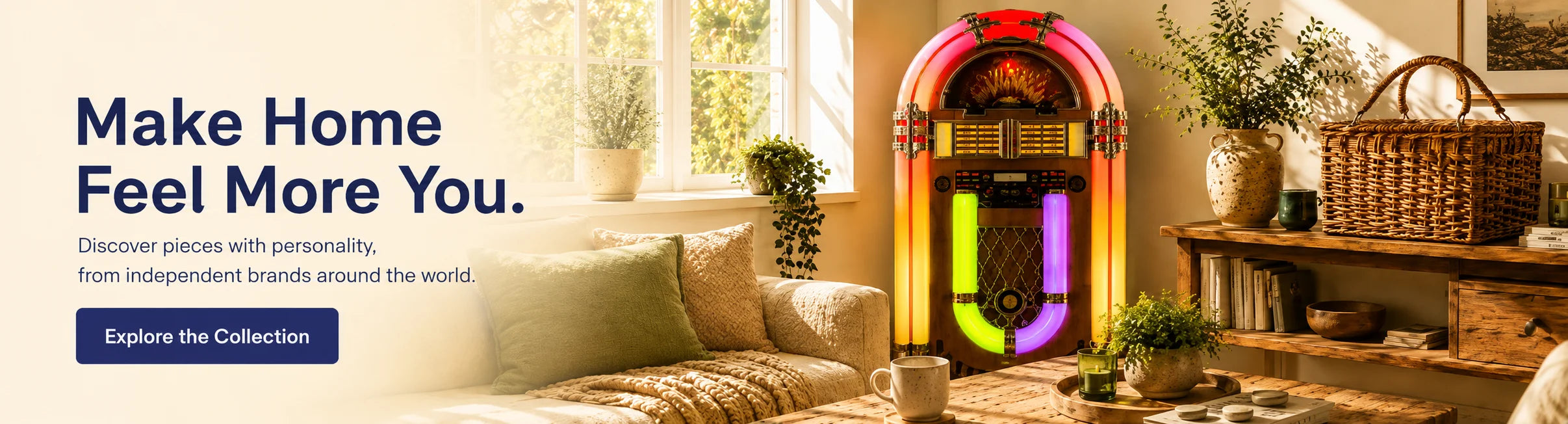 Retro jukebox in a warm stylish living room with modern home decor