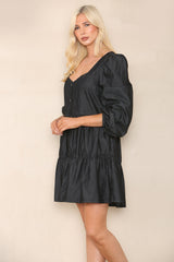 Elaina Fashion Women's Black Frill Pleated Ruffle Cotton Mini Smocked Dress Casual Spring Summer Loose Short Dress Ruched Puff 3/4 Long Sleeve Streetwear Holiday Vacation Beach Sundress - Elaina Fashion