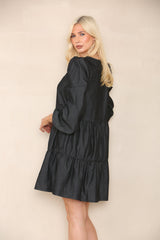 Elaina Fashion Women's Black Frill Pleated Ruffle Cotton Mini Smocked Dress Casual Spring Summer Loose Short Dress Ruched Puff 3/4 Long Sleeve Streetwear Holiday Vacation Beach Sundress - Elaina Fashion