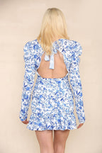 Elaina Fashion Women's White Blue Floral Crew Neck Mini Bodycon Pencil Dress Elegant Tropical Print Long Sleeve Slim Fit Short Smock Dress Holiday Beach Sundress Evening Cocktail Party - Elaina Fashion