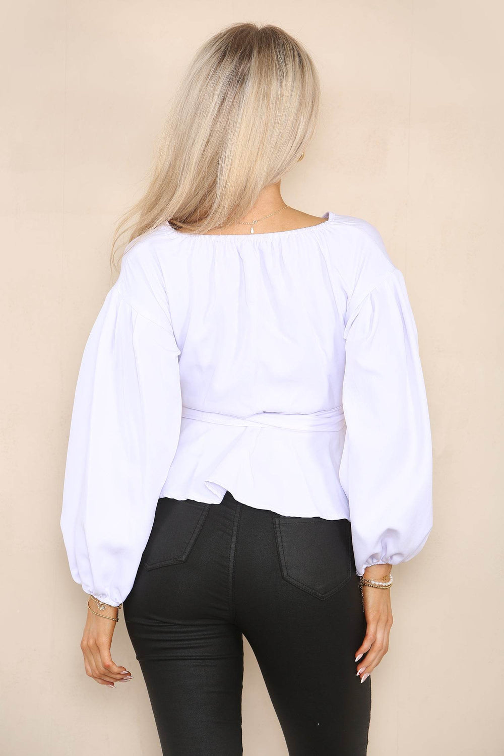 Women's White V Neck Long Balloon Sleeve Top with Bow Tie Decor Belt Wrap Closure Peplum Top- Elegant Babydoll Shirt Spring Summer Blouse Streetwear Office Work - Elaina Fashion