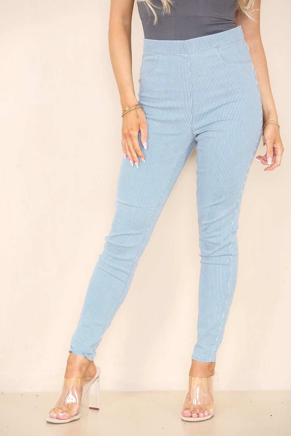 Elaina Fashion Women's Stripe Light Blue Wash High Waisted Skinny Fit Stretch Jeans Jeggings Smart Casual Elasticated Waist - Elaina Fashion Main image