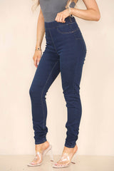 Elaina Fashion Women's Navy Dark Blue High Waisted Skinny Fit Stretch Jeans Jeggings Smart Casual Elasticated Waist Summer Winter Daily Pull On Trouser Pant Botttom - Elaina Fashion