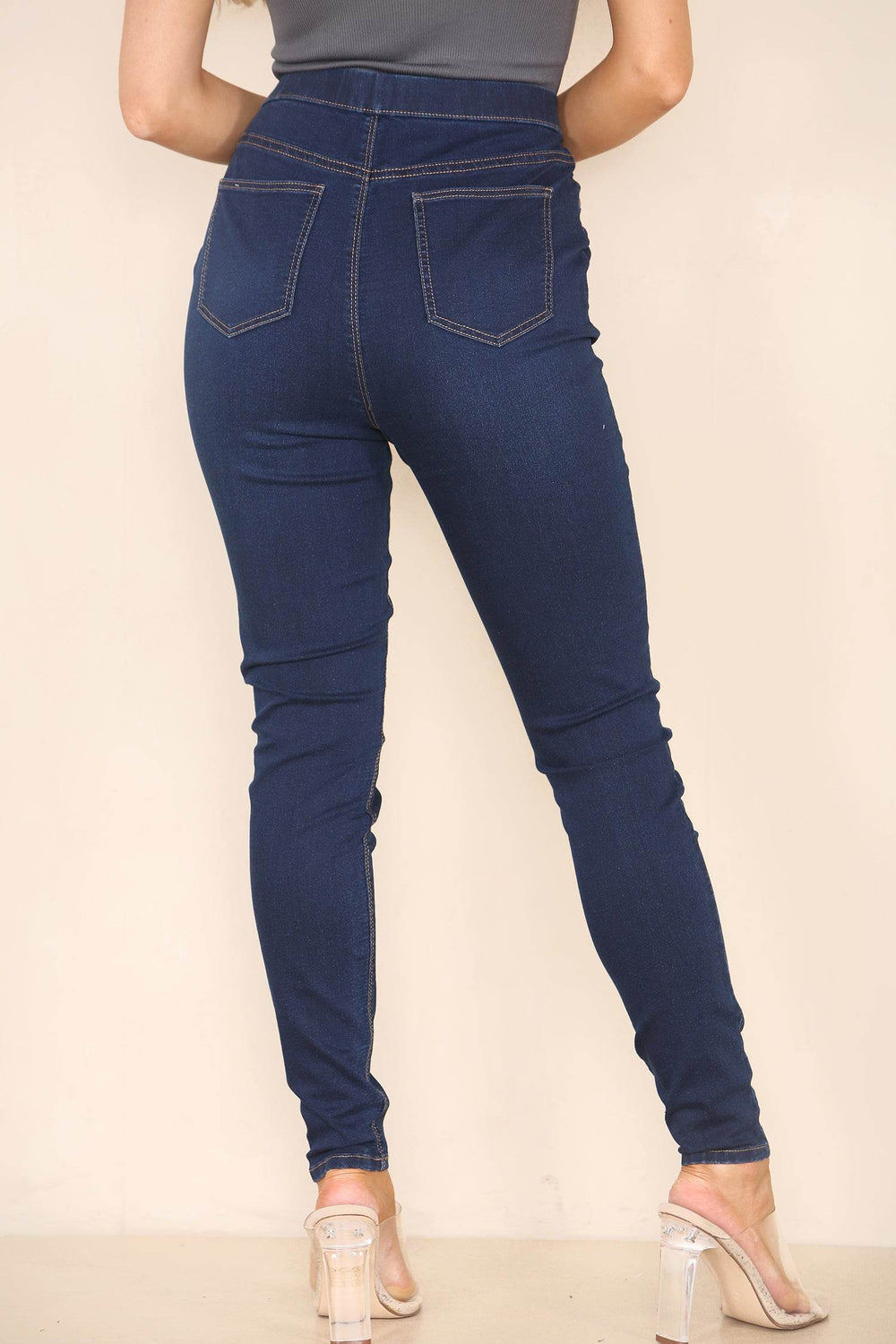 Women's Dark Blue High Waisted Skinny Fit Stretch Jeans Jeggings with Elasticated Waist - Smart Casual Summer Fashion Trousers - Elaina Fashion