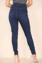 Women's Dark Blue High Waisted Skinny Fit Stretch Jeans Jeggings with Elasticated Waist - Smart Casual Summer Fashion Trousers - Elaina Fashion