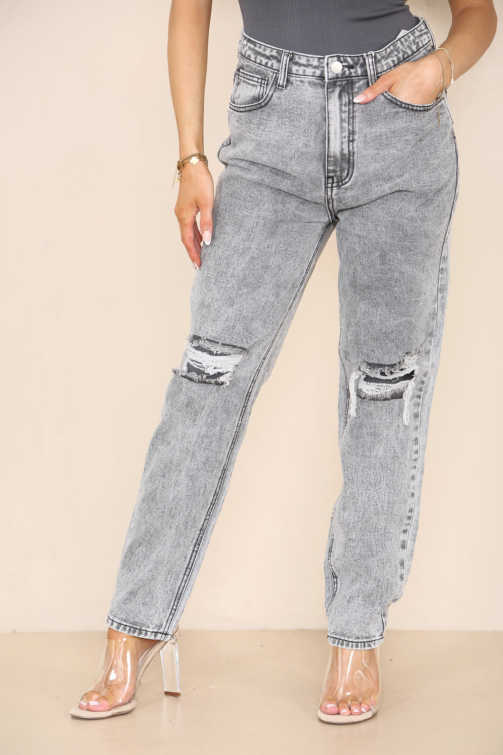 Women's High Waisted Knee Ripped Frayed Straight Jeans, Mom Casual Roll-Up Denim Pants for Streetwear Home Office Work Party Bottom