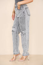 Women's High Waisted Knee Ripped Frayed Straight Jeans, Mom Casual Roll-Up Denim Pants for Streetwear Home Office Work Party Bottom