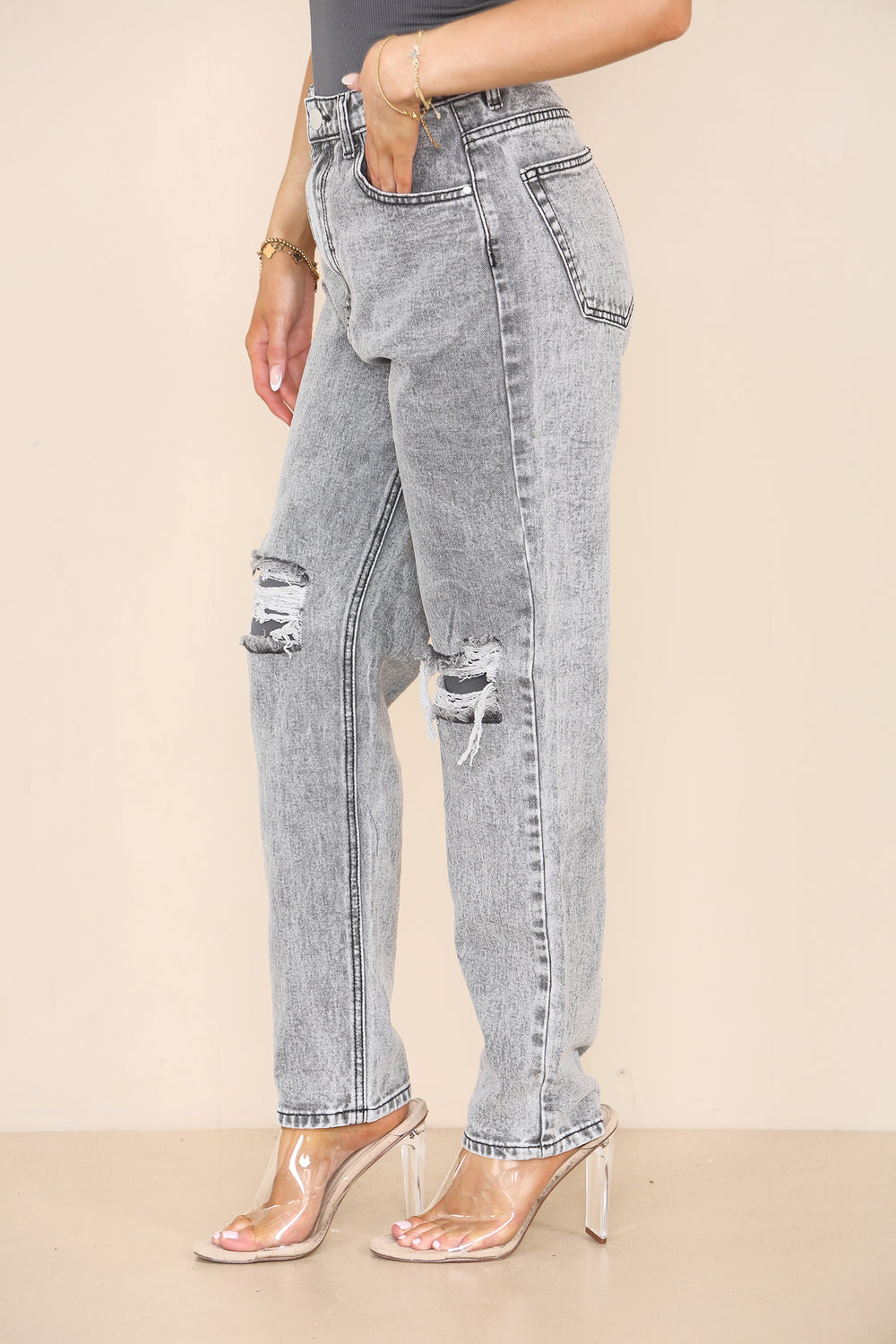 Women's High Waisted Knee Ripped Frayed Straight Jeans, Mom Casual Roll-Up Denim Pants for Streetwear Home Office Work Party Bottom