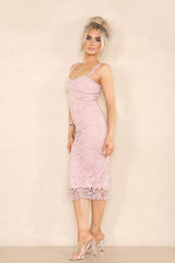 Women's Pink Floral Embroidered Lace Sleeveless Midi Bodycon Pencil Dress - Elegant and Comfy Bridesmaid Slim Fit for Weddings, Proms, Parties, and More - Elaina Fashion