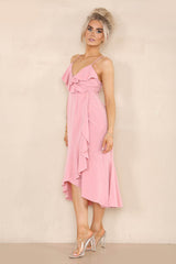Women's V-Neck Pink Strap Ruffle Frill Sleeveless Maxi Dress - Plain Long Smocked Casual Beach Party Summer Holidays Flowy Strappy Midi Dress - Elaina Fashion