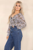 Women's Blouse with Smocked Long Balloon Sleeves - Printed V Neck Top with Banded Cuffs for Chic Elegance - Elaina Fashion