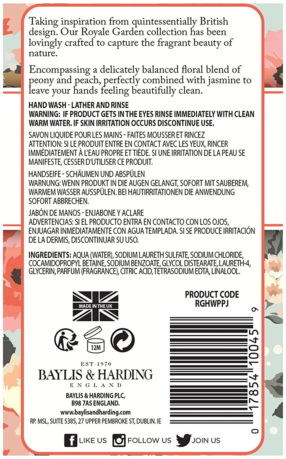 Baylis & Harding Peach Peony & Jasmine Cleansing Hand Wash, 500ml