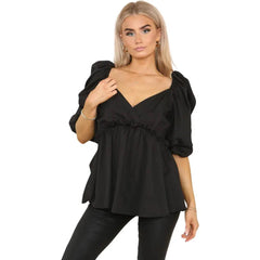 Women's Black Sweetheart Neck Ruffle Hem Peplum Blouse, Elegant Casual Summer Lightweight Short Sleeve Babydoll Shirt Top Club Party Daily Wear - Elaina Fashion