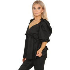 Women's Black Sweetheart Neck Ruffle Hem Peplum Blouse, Elegant Casual Summer Lightweight Short Sleeve Babydoll Shirt Top Club Party Daily Wear - Elaina Fashion