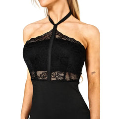 Elaina Fashion Women's Black Lace Halter Bodycon Mini Dress - Elegant Pencil Slim Fit Short Dress Sleeveless Backless Back Tie Up Club Party Wedding Summer Wear - Elaina Fashion