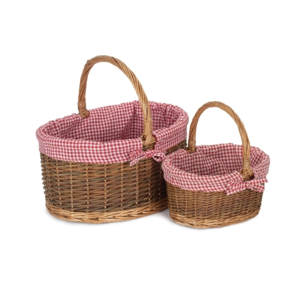 Red Checked Lined Country Oval Wicker Shopping Basket Secondary image