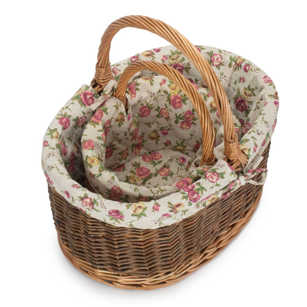 Garden Rose Cotton Lined Country Oval Wicker Shopping Baskets