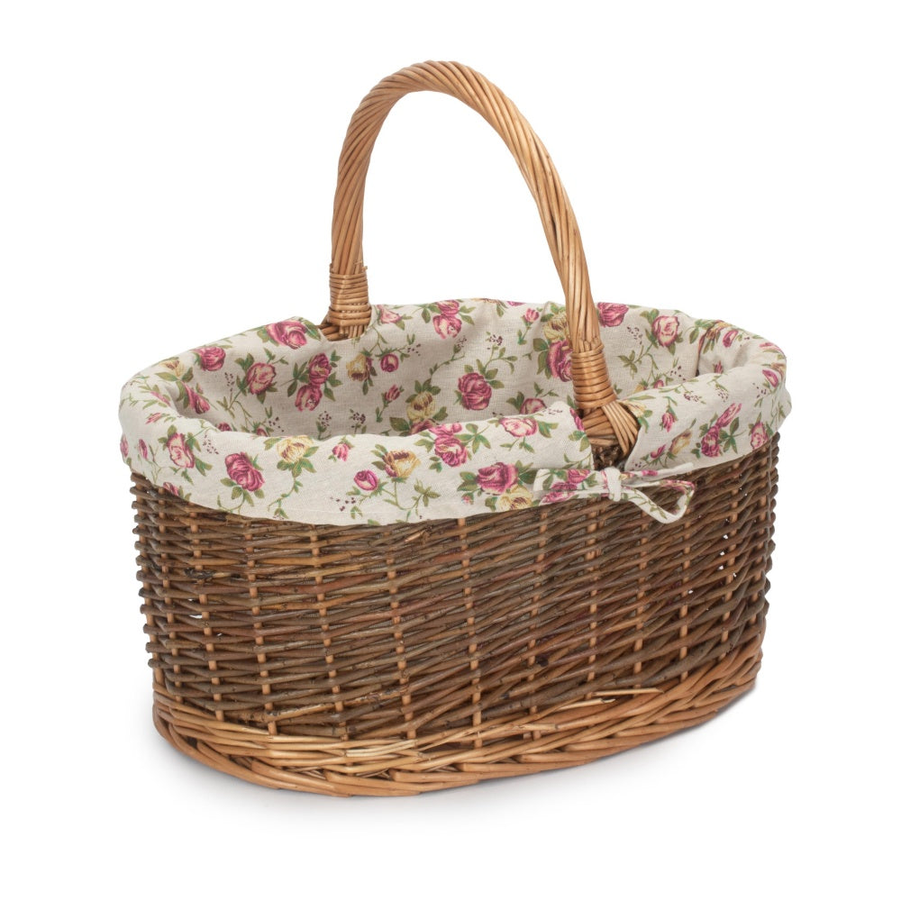 Garden Rose Cotton Lined Country Oval Wicker Shopping Baskets