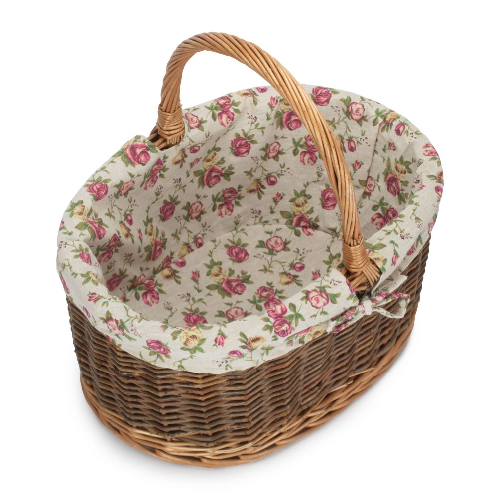 Garden Rose Cotton Lined Country Oval Wicker Shopping Baskets