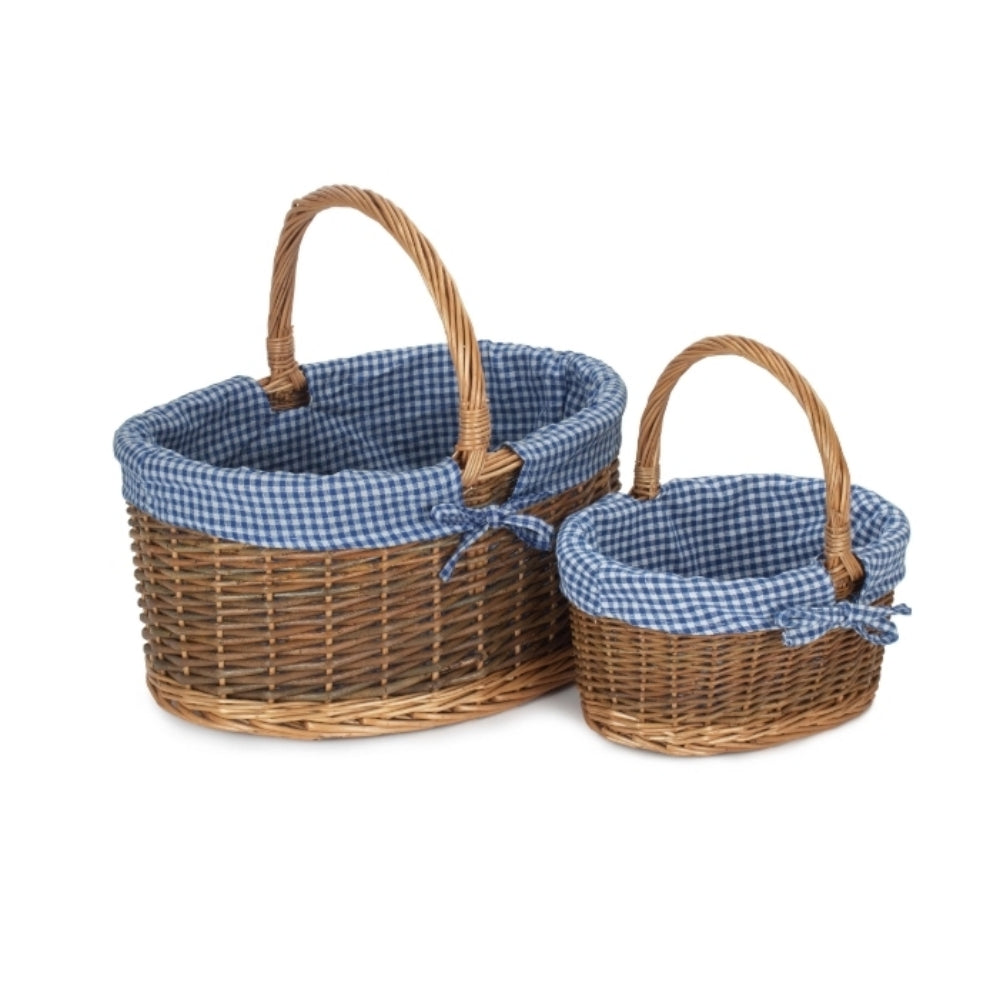 Red Hamper Blue Checked Lined Country Oval Wicker Shopping Basket Main image