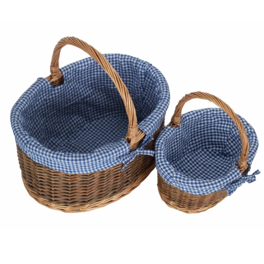 Blue Checked Lined Country Oval Wicker Shopping Basket Secondary image