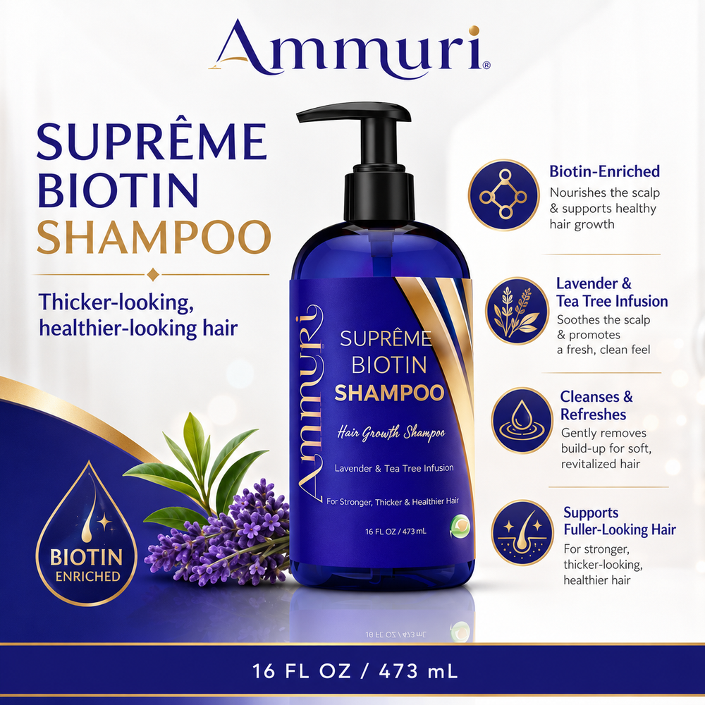 A bottle of Ammuri Supreme Biotin Shampoo centered on a white and dark blue promotional graphic with text callouts about lavender and tea tree infusion benefits.