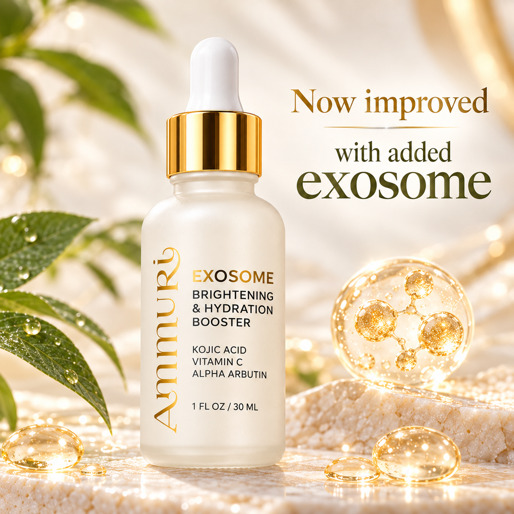 Ammuri Exosome Brightening and Hydration Booster bottle beside text reading Now improved with added exosome. Main image
