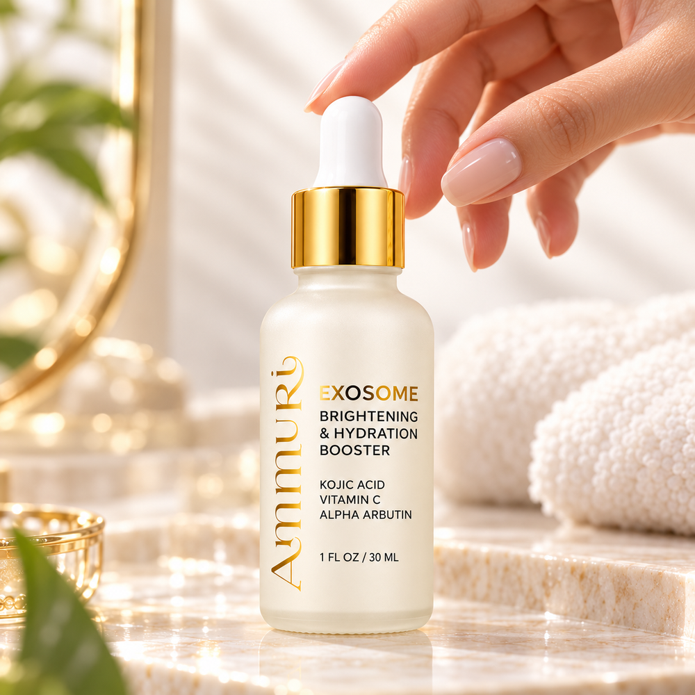 Hand holding the Ammuri Exosome Brightening and Hydration Booster 30ml bottle.