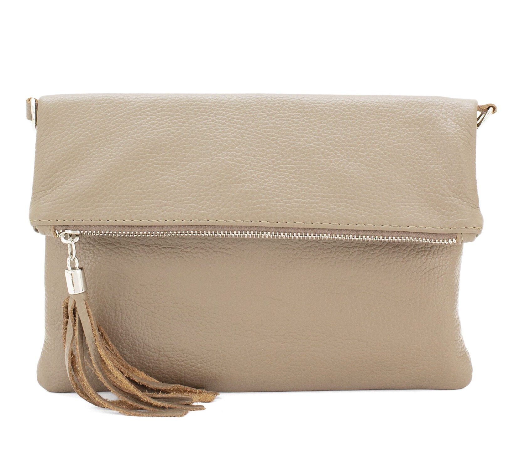 Dark Beige Chiara Italian Foldover Leather Clutch Cross Body Main image