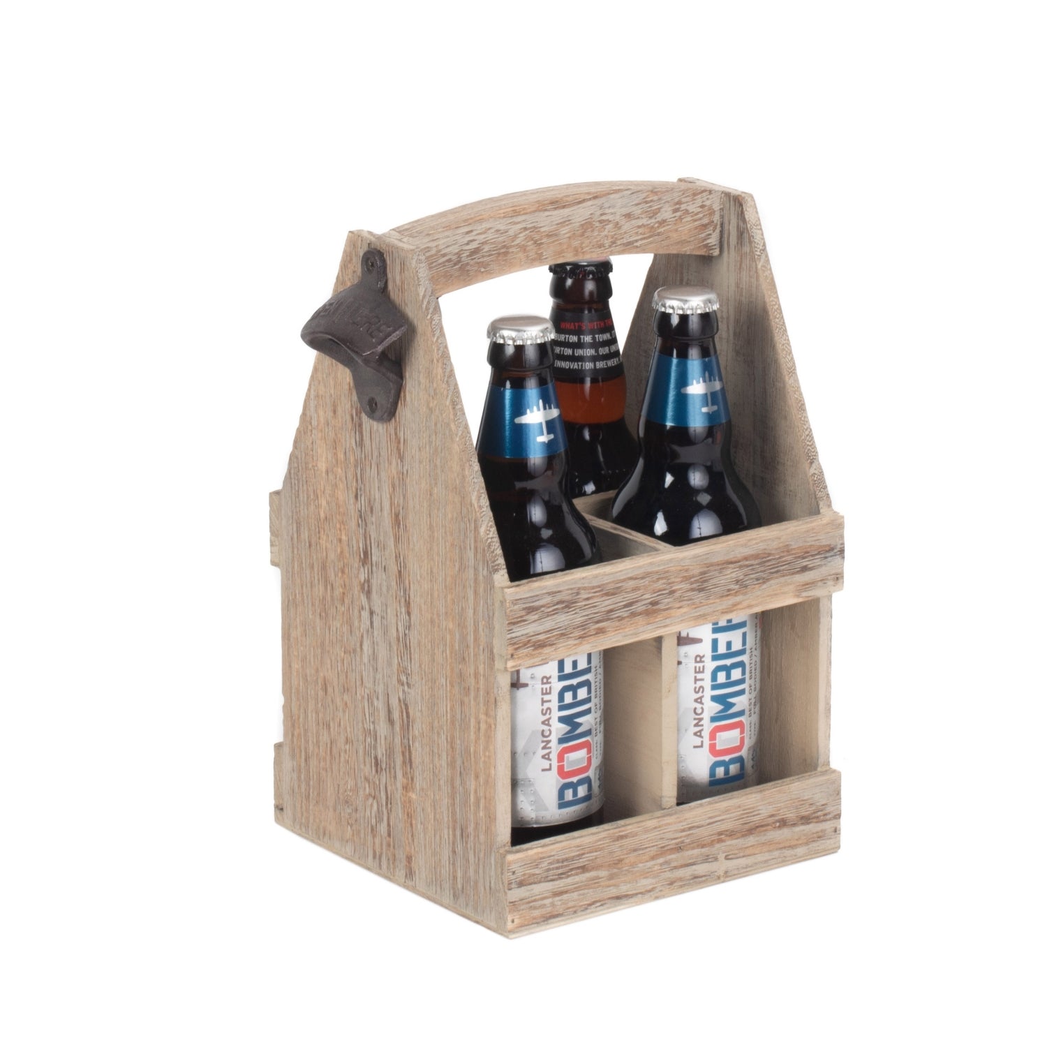 Oak Effect 4 Beer Bottle Carrier with Bottle Opener Main image