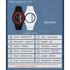 SANDA 6076 Simple Scale Round Dial Ladies Silicone Strap Quartz Watch(White Blue Vertical Mark)