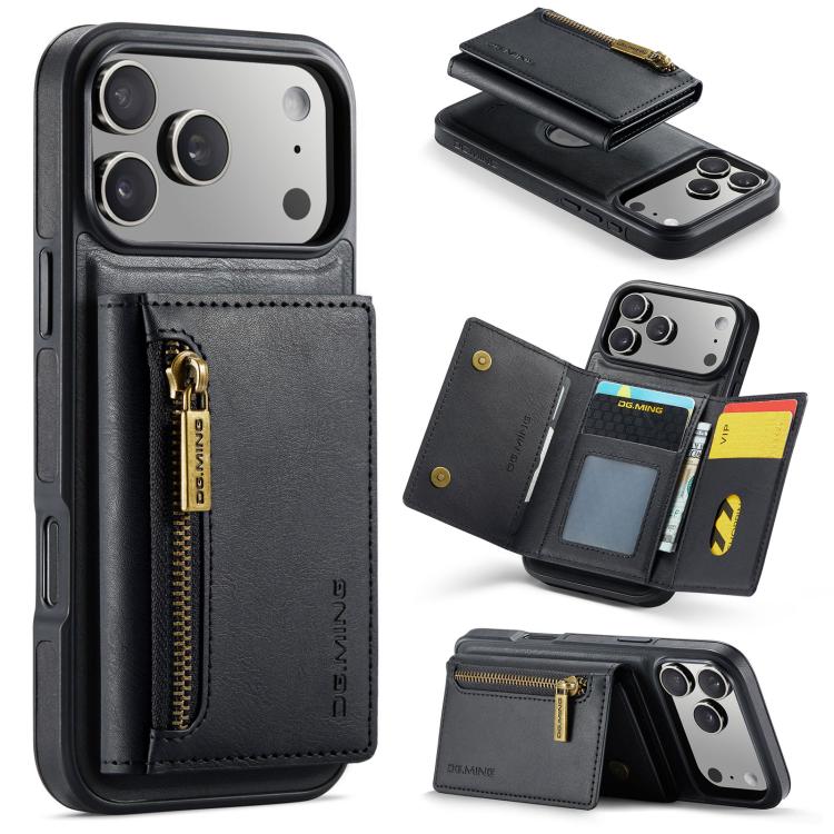 For iPhone 18 Pro / 17 Pro DG.MING M5 Series Zip RFID Multi Card Detachable Leather Phone Case(Black)