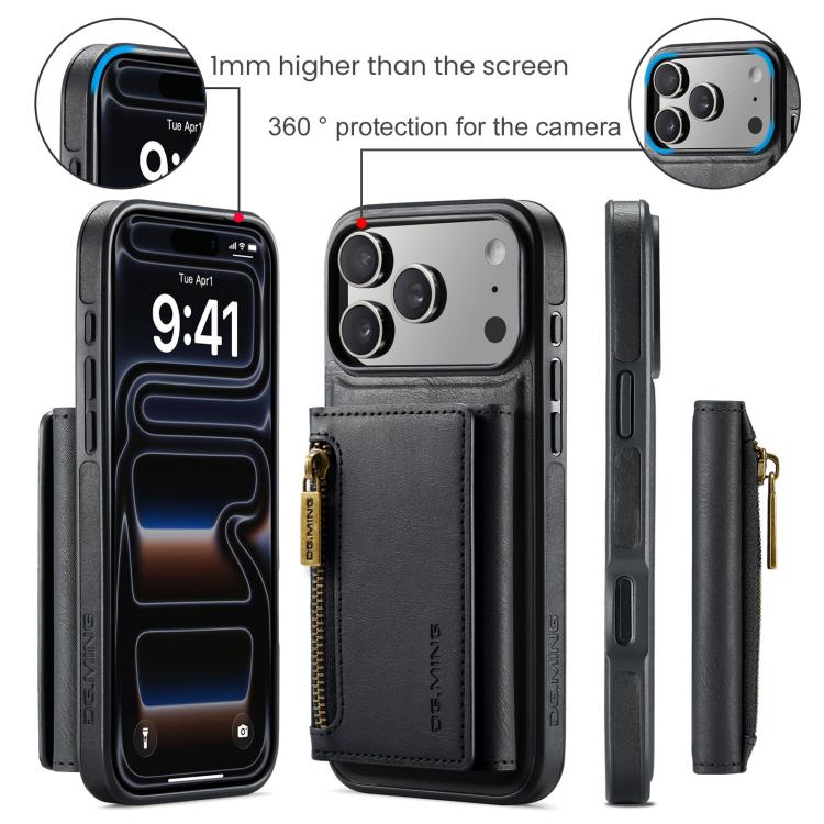 For iPhone 18 Pro / 17 Pro DG.MING M5 Series Zip RFID Multi Card Detachable Leather Phone Case(Black)