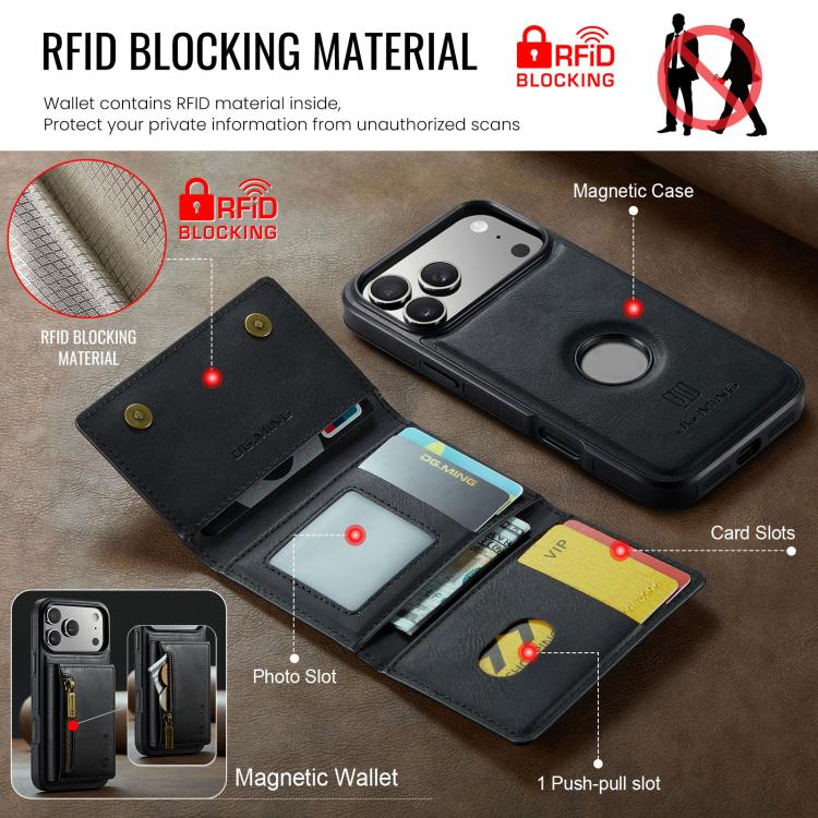 For iPhone 18 Pro / 17 Pro DG.MING M5 Series Zip RFID Multi Card Detachable Leather Phone Case(Black)