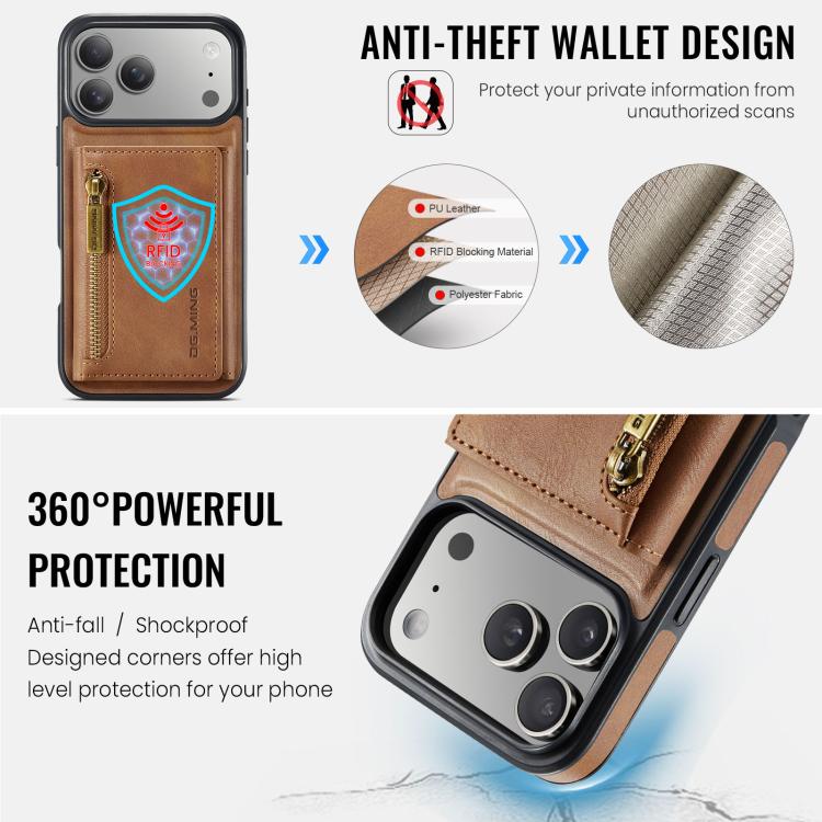 For iPhone 18 Pro / 17 Pro DG.MING M5 Series Zip RFID Multi Card Detachable Leather Phone Case(Brown)