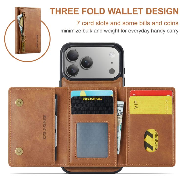 For iPhone 18 Pro / 17 Pro DG.MING M5 Series Zip RFID Multi Card Detachable Leather Phone Case(Brown)