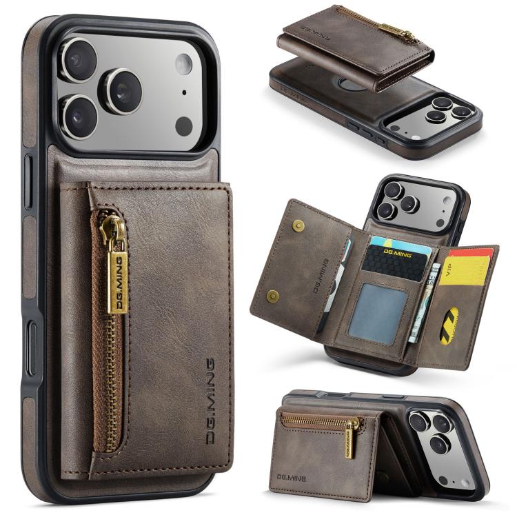 For iPhone 18 Pro / 17 Pro DG.MING M5 Series Zip RFID Multi Card Detachable Leather Phone Case(Coffee)