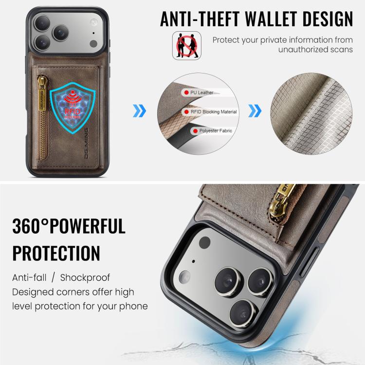For iPhone 18 Pro / 17 Pro DG.MING M5 Series Zip RFID Multi Card Detachable Leather Phone Case(Coffee)