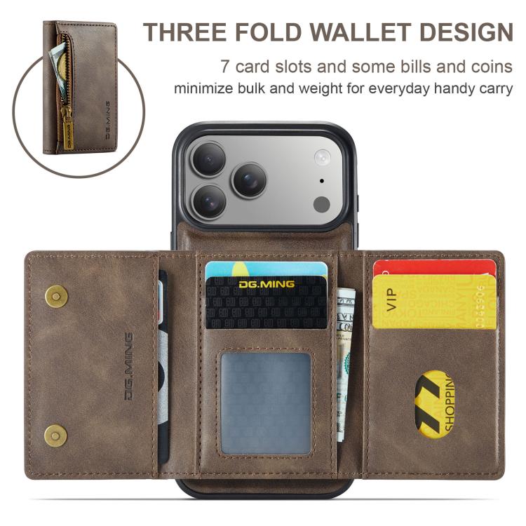 For iPhone 18 Pro / 17 Pro DG.MING M5 Series Zip RFID Multi Card Detachable Leather Phone Case(Coffee)