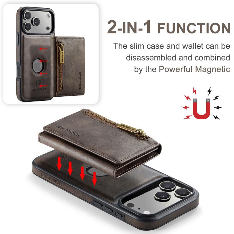 For iPhone 18 Pro / 17 Pro DG.MING M5 Series Zip RFID Multi Card Detachable Leather Phone Case(Coffee)