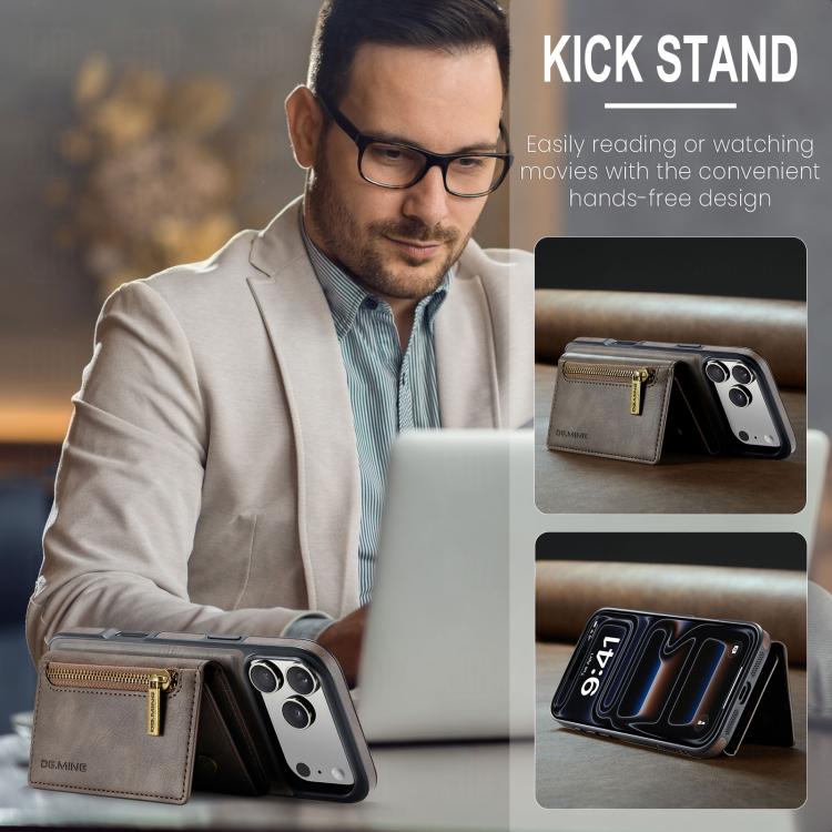 For iPhone 18 Pro / 17 Pro DG.MING M5 Series Zip RFID Multi Card Detachable Leather Phone Case(Coffee)