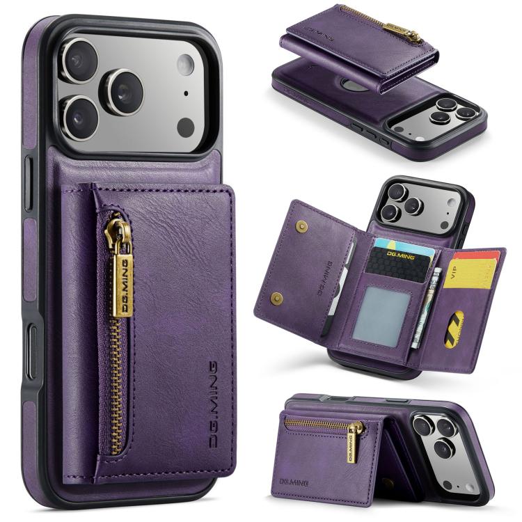 For iPhone 18 Pro / 17 Pro DG.MING M5 Series Zip RFID Multi Card Detachable Leather Phone Case(Purple)