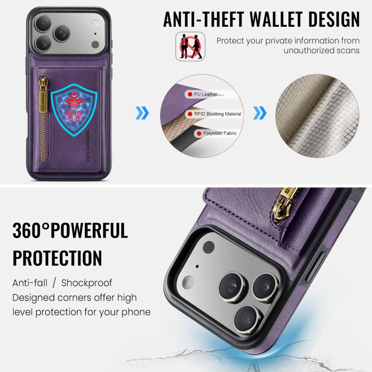 For iPhone 18 Pro / 17 Pro DG.MING M5 Series Zip RFID Multi Card Detachable Leather Phone Case(Purple)