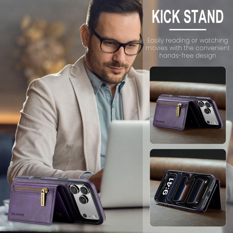 For iPhone 18 Pro / 17 Pro DG.MING M5 Series Zip RFID Multi Card Detachable Leather Phone Case(Purple)