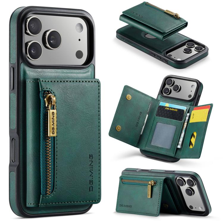 For iPhone 18 Pro / 17 Pro DG.MING M5 Series Zip RFID Multi Card Detachable Leather Phone Case(Green)